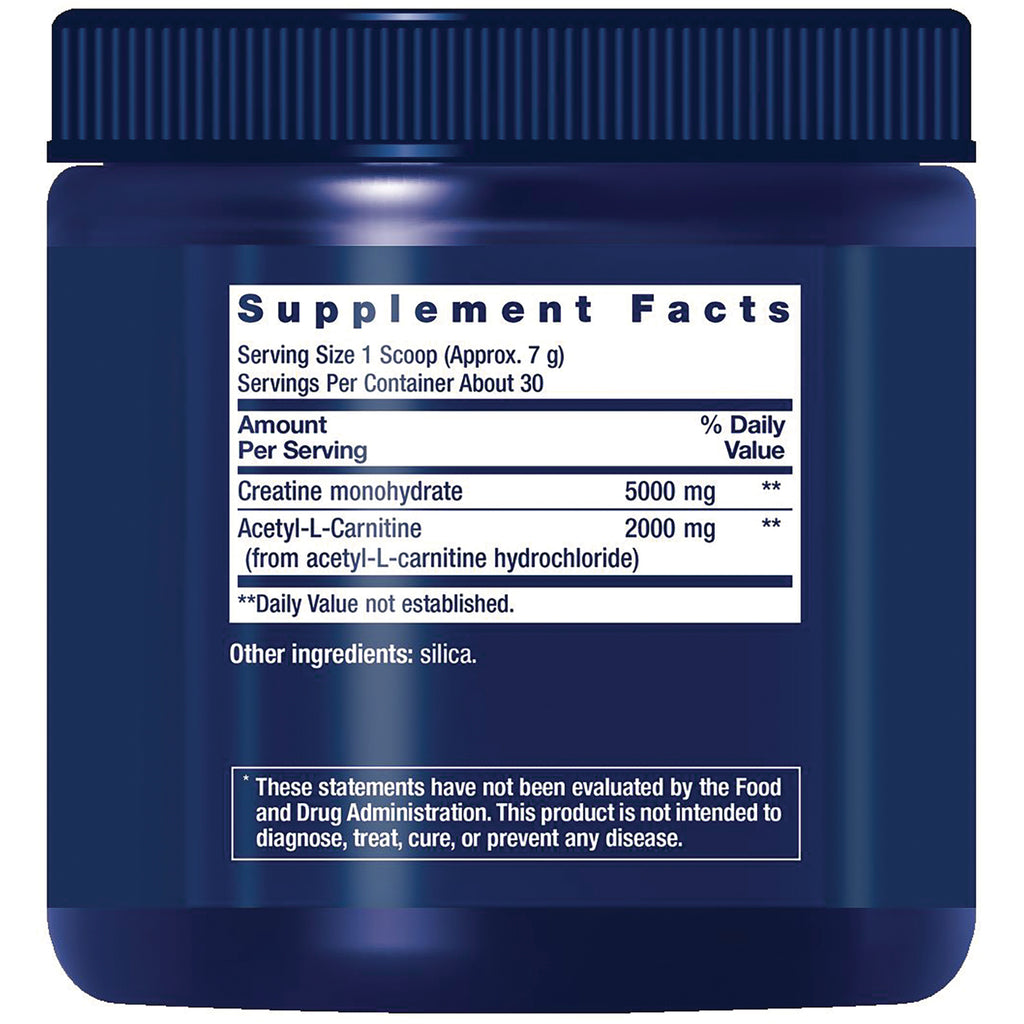 LE592 | Back label with Supplement Facts listing creatine monohydrate 5000 mg, acetyl-L-carnitine 2000 mg, other ingredient silica - Thumbnail