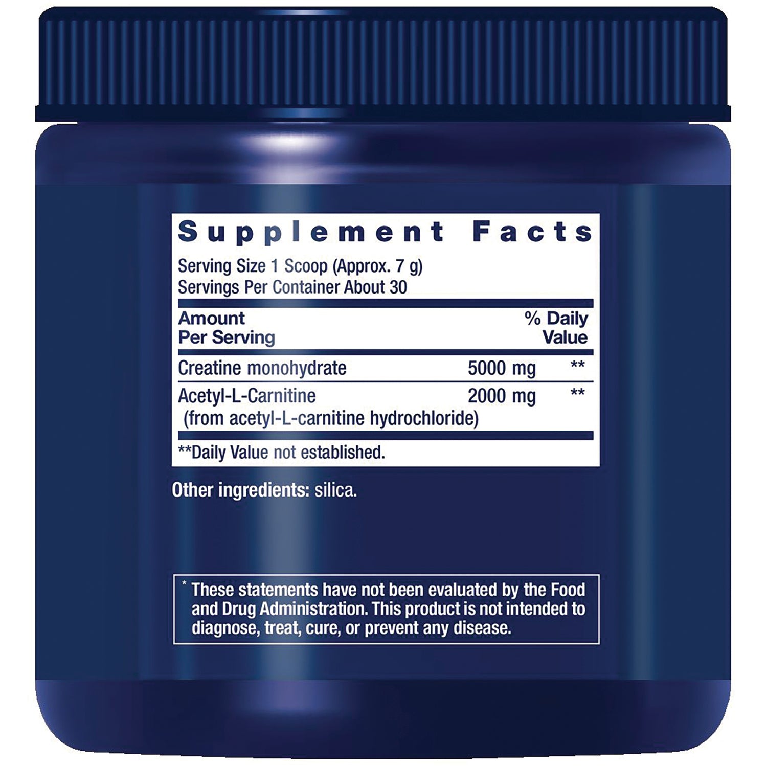 LE592 | Back label with Supplement Facts listing creatine monohydrate 5000 mg, acetyl-L-carnitine 2000 mg, other ingredient silica