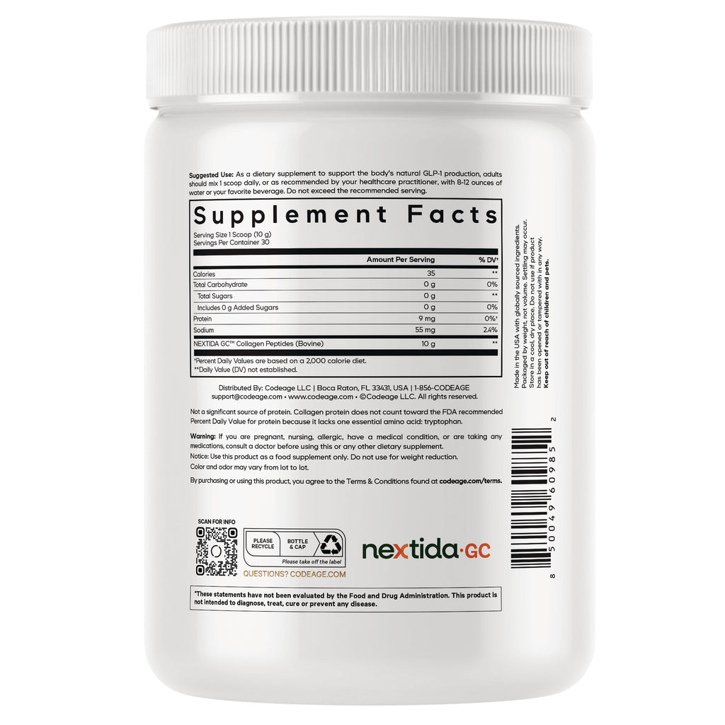 CDG028 | Back of white jar showing Supplement Facts nutrition label, ingredient text, barcode and nextida GC logo - Thumbnail