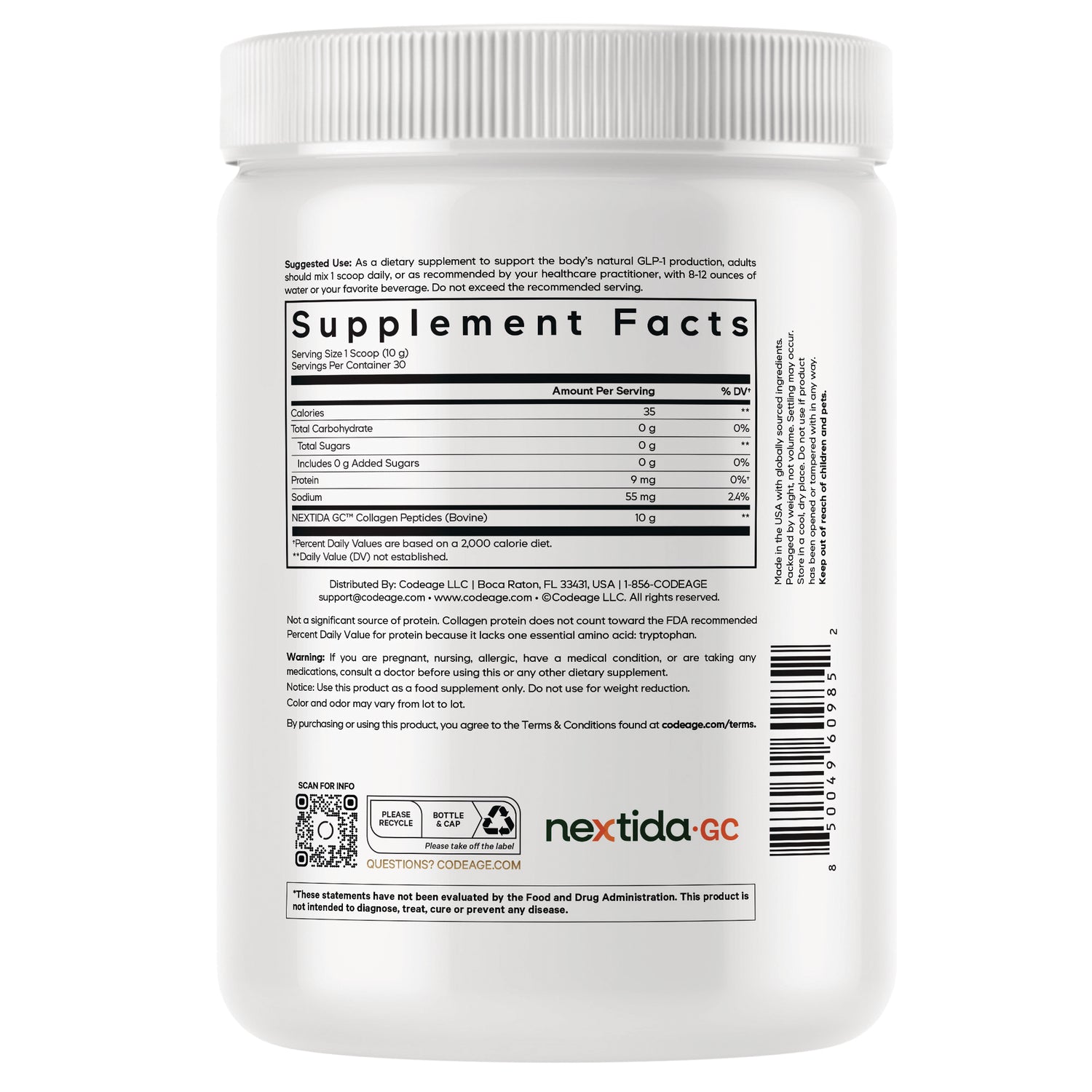 CDG028 | Back of white jar showing Supplement Facts nutrition label, ingredient text, barcode and nextida GC logo
