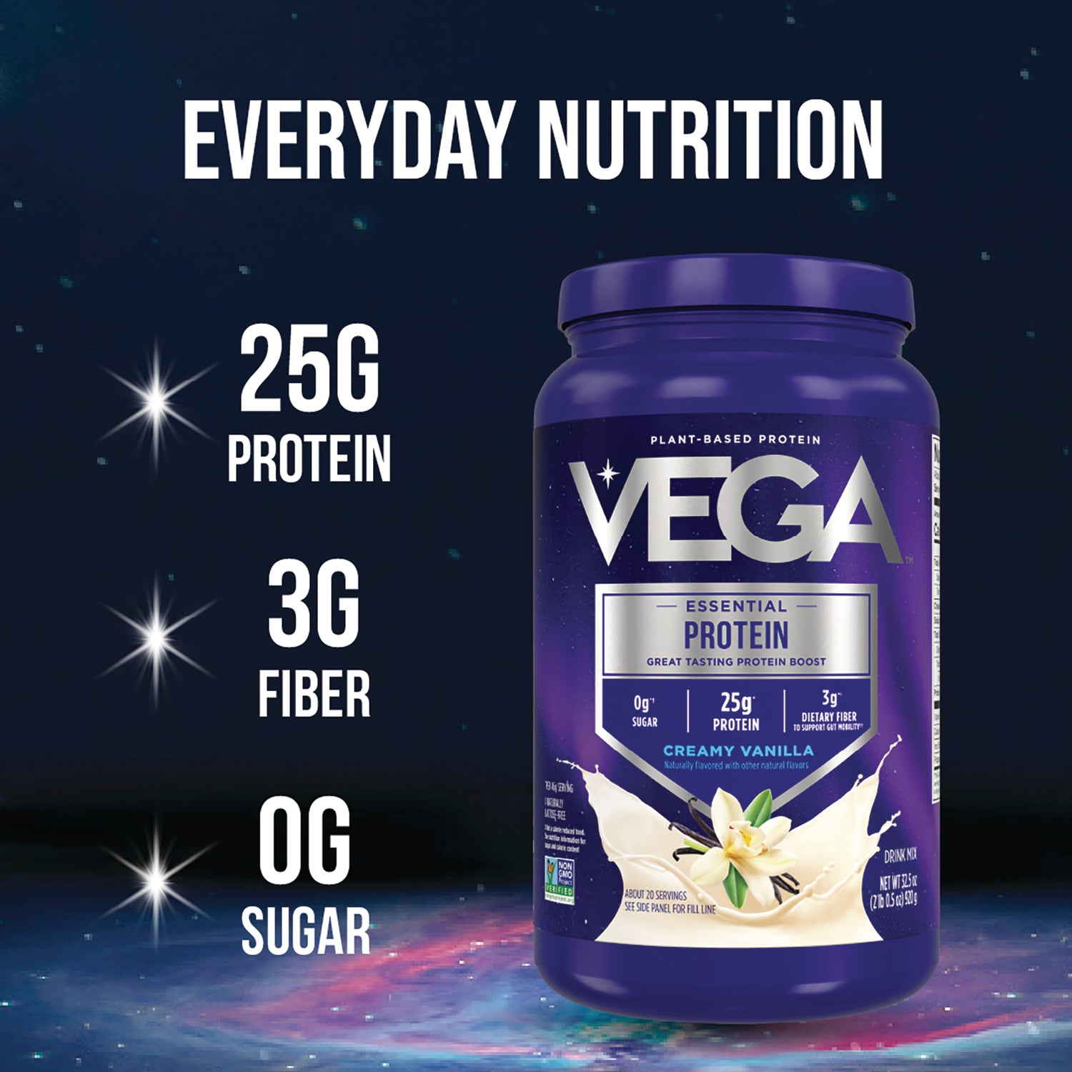 VGA001 | Vega Essential Protein creamy vanilla tub with text: Everyday Nutrition, 25g protein, 3g fiber, 0g sugar