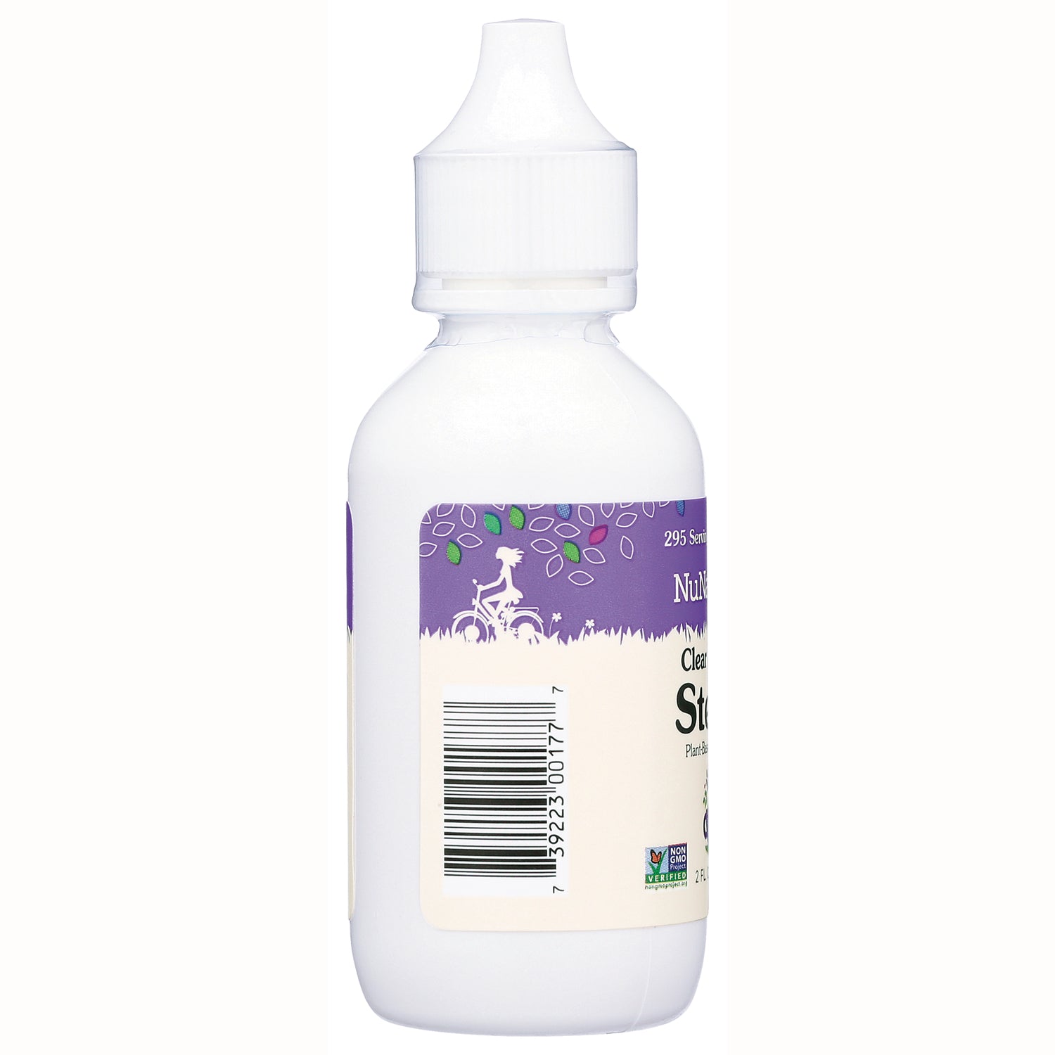 NN051 | Back of white squeeze bottle showing barcode, purple label with bicycle illustration and childproof cap