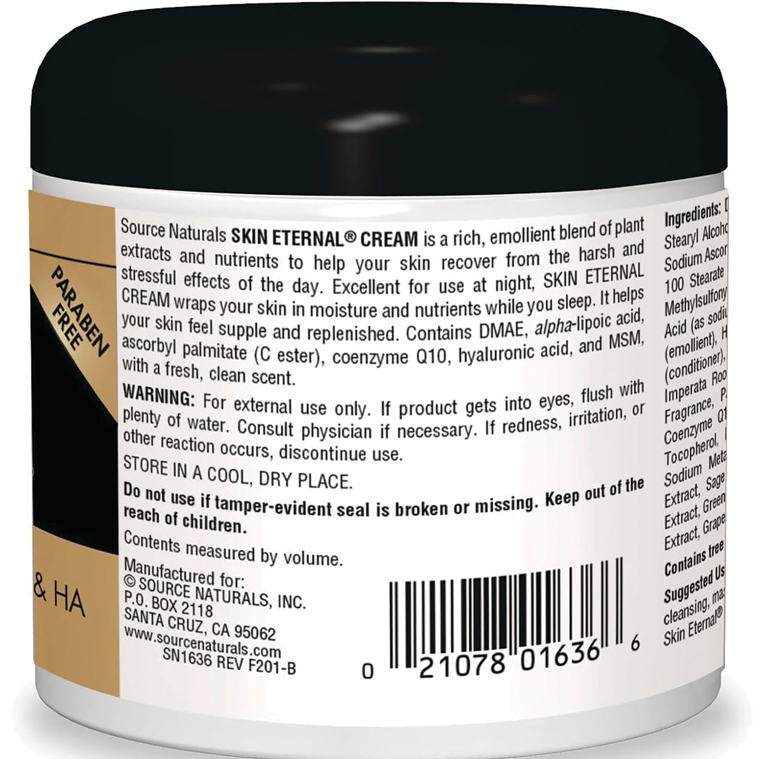SN151 | Back label of Skin Eternal cream jar showing product description, warning text and barcode