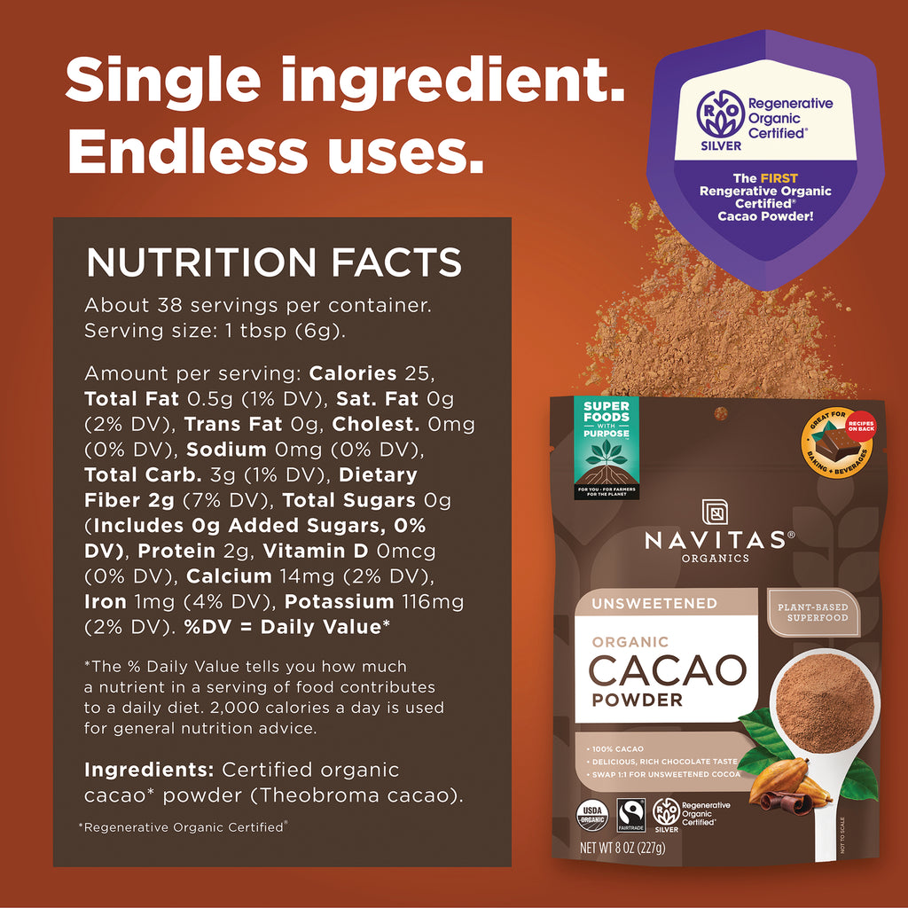 NAV029 | Back panel showing nutrition facts, ingredients and Navitas Organics cacao powder pouch with spilled powder - Thumbnail