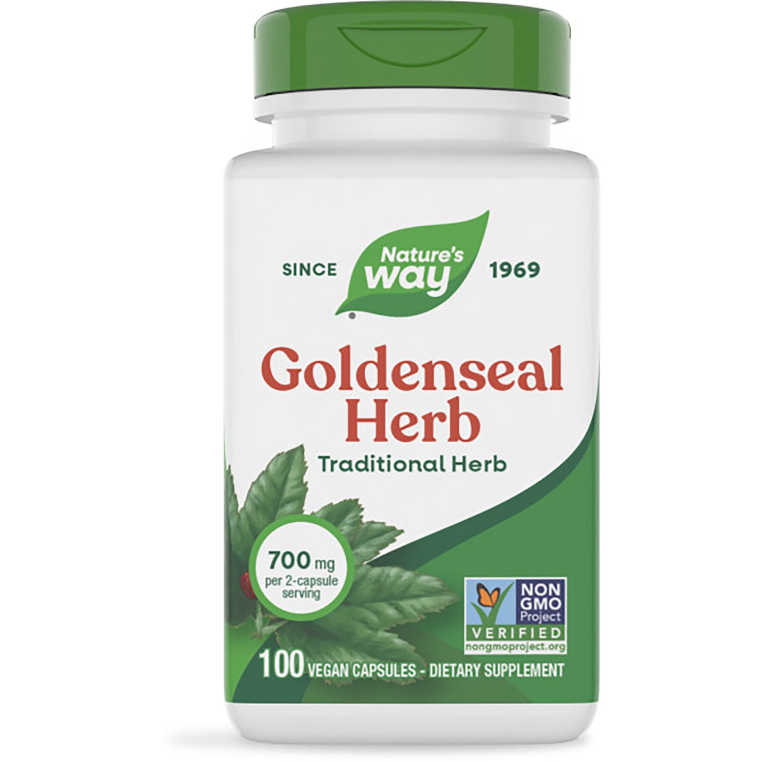 NW734 | Nature's Way Goldenseal Herb bottle front label, 100 vegan capsules, plant powered 700 mg per 2-capsule serving