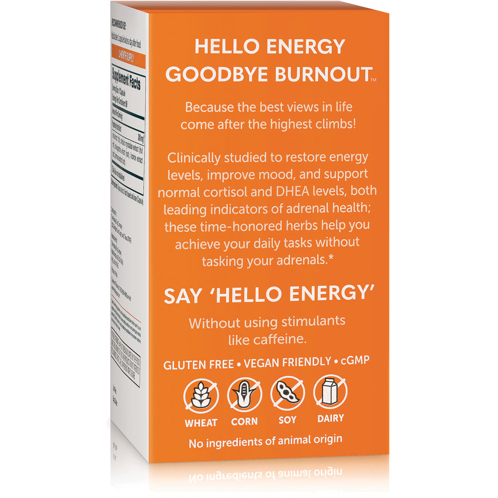 HHH058 | Back panel of orange supplement box reading HELLO ENERGY GOODBYE BURNOUT with product claims and icons for wheat, corn, soy, dairy - Thumbnail