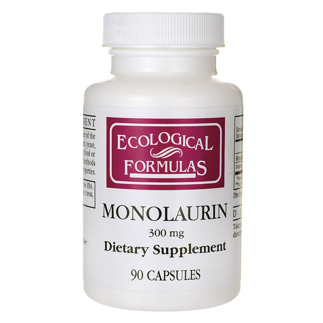 CRR014 | White supplement bottle labeled Ecological Formulas MONOLAURIN 300 mg Dietary Supplement 90 CAPSULES front view