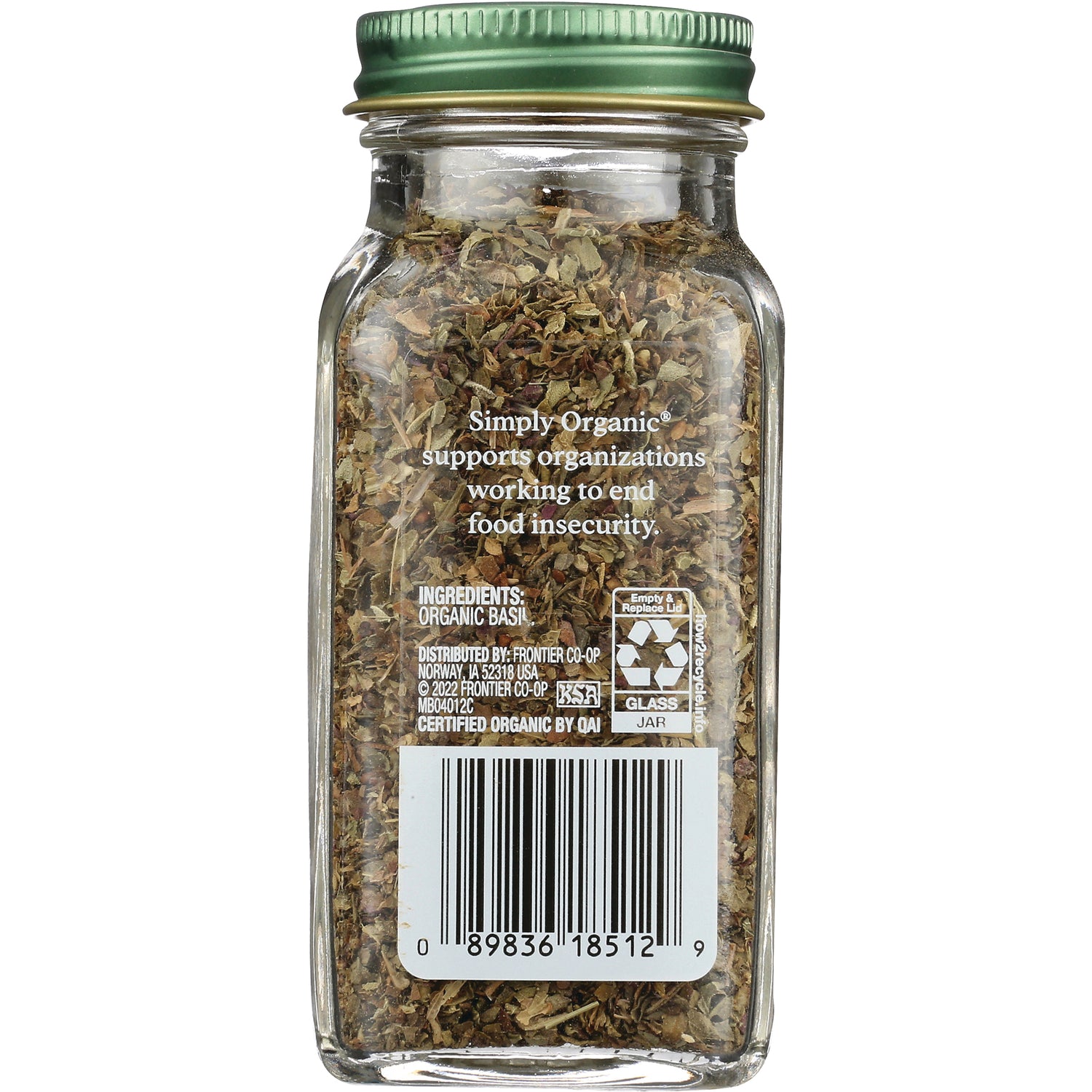 SMP036 | Back of glass jar of dried organic basil showing ingredients text, recycling symbol and barcode