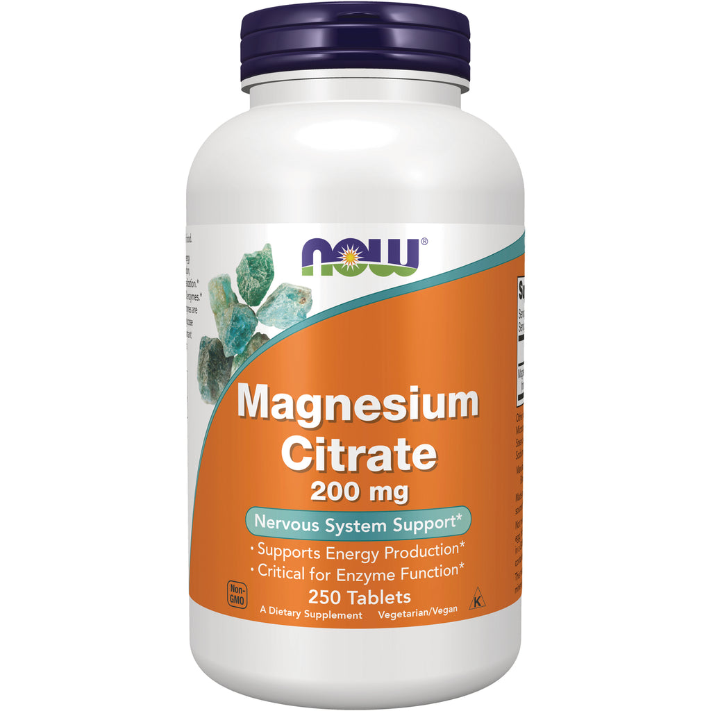 NWF256 | NOW Magnesium Citrate 200 mg white bottle with orange label, 250 tablets - Thumbnail
