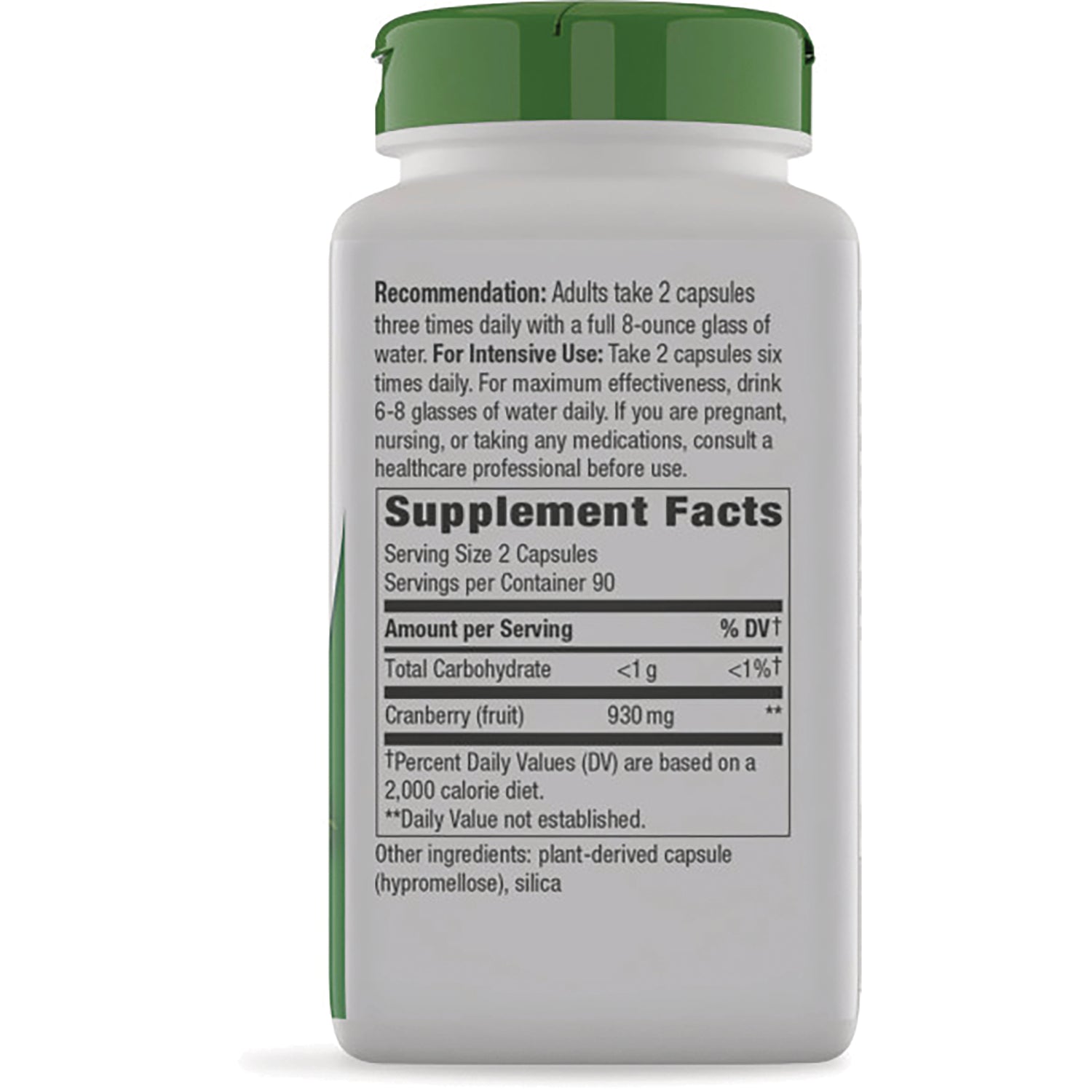 NW724 | back label showing Supplement Facts, directions, serving size 2 capsules and Cranberry (fruit) 930 mg