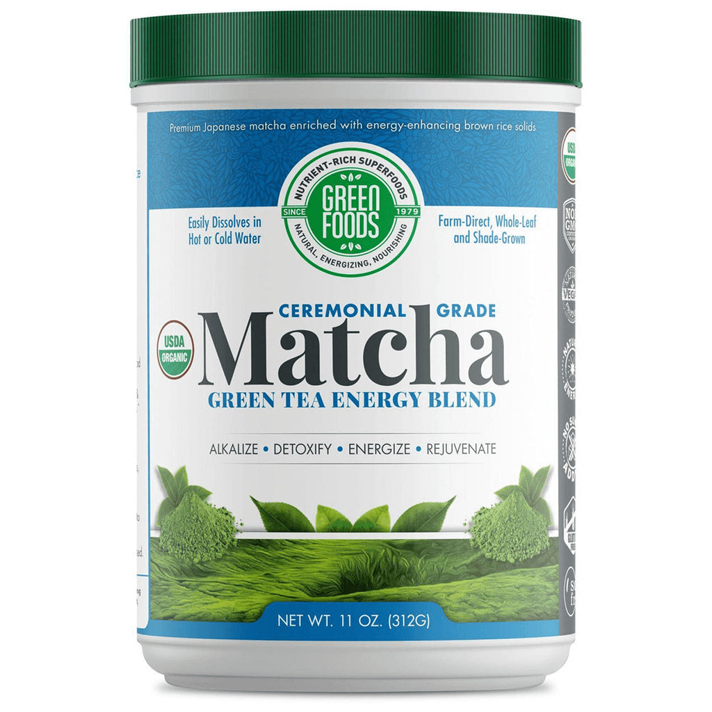 Ceremonial grade Matcha green tea energy blend tin with green lid and front label - Thumbnail