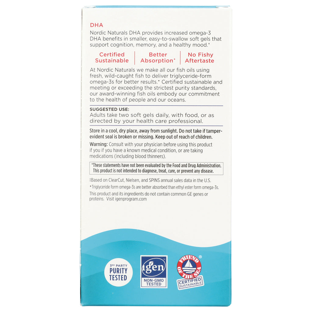 NRN024 | Back of Nordic Naturals DHA box showing suggested use, warnings, and purity tested, non-GMO, certified sustainable logos - Thumbnail