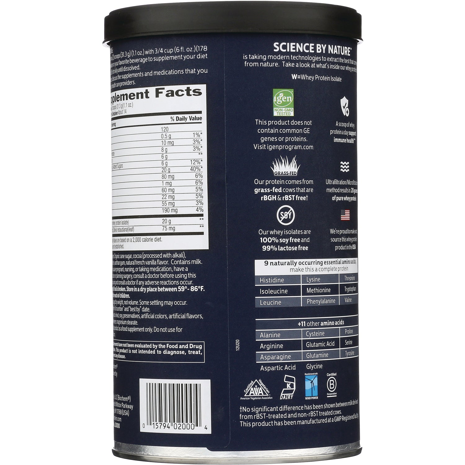 CRL366 | Back label showing supplement facts, ingredients, amino acid chart and barcode on navy can