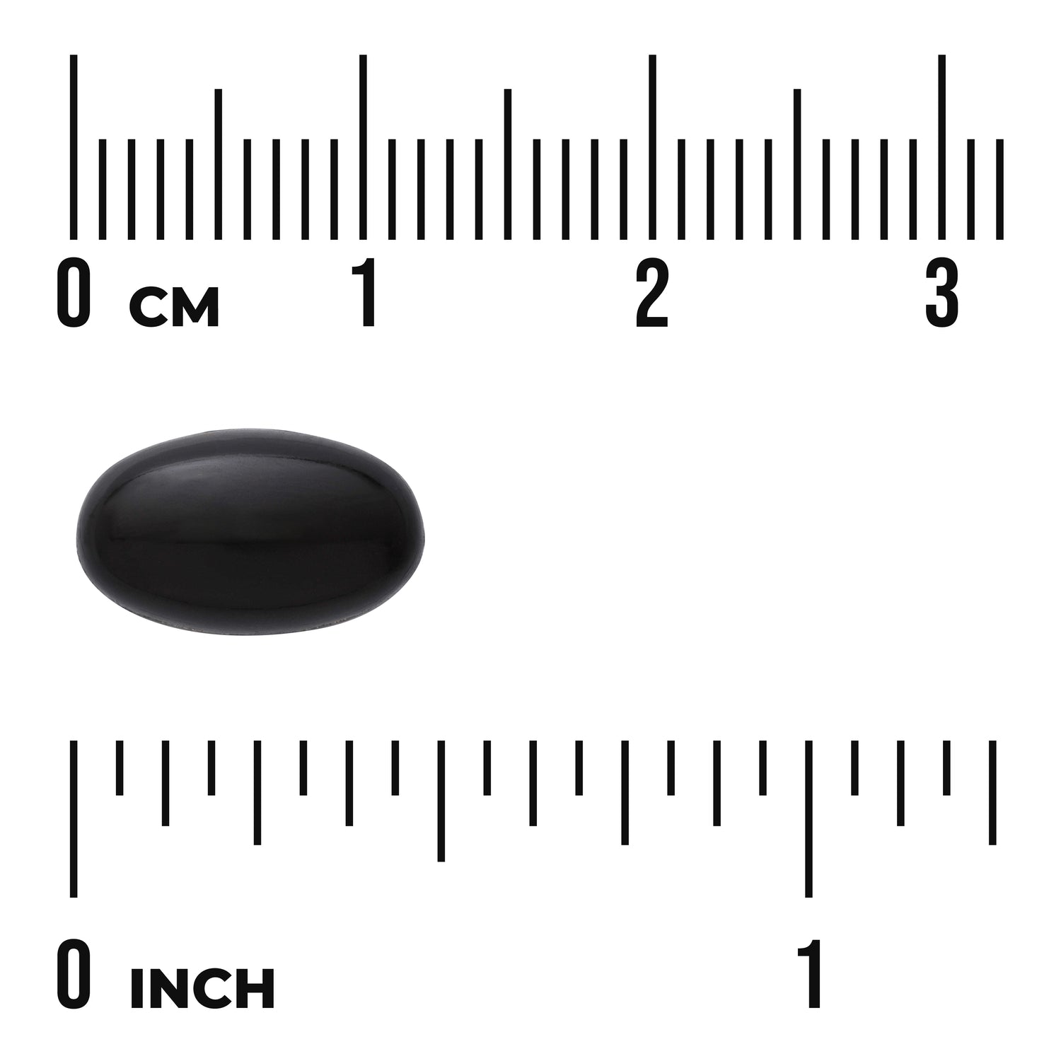 SWE079 | Black oval softgel shown next to centimeter and inch rulers, visible text '0 CM' and '0 INCH'