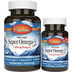 CSN012 | Two brown supplement bottles labeled Carlson Super Omega-3 1,200 mg Omega-3s, 100 and 30 soft gels