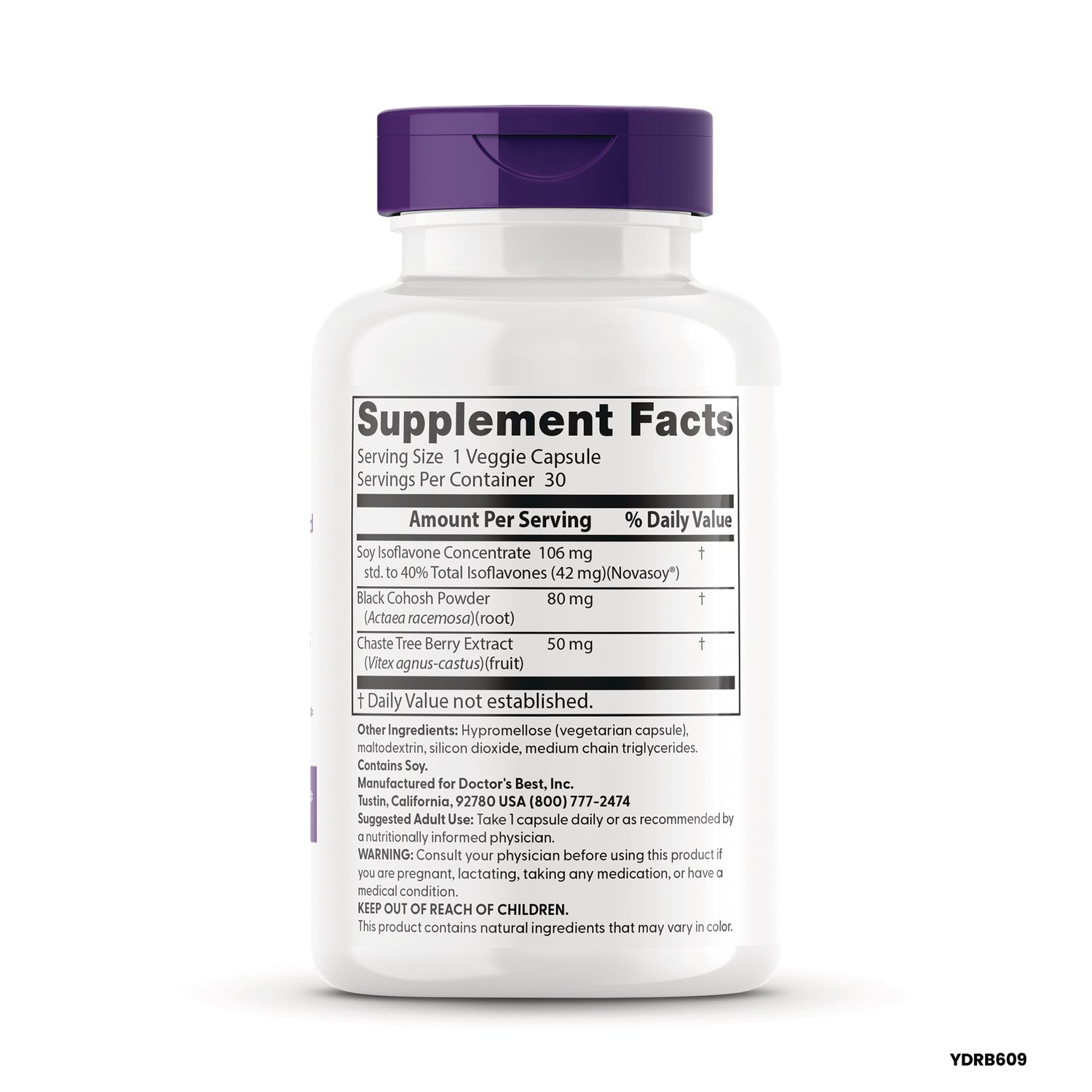DB305 | Back of white supplement bottle showing Supplement Facts panel, ingredients list and purple cap