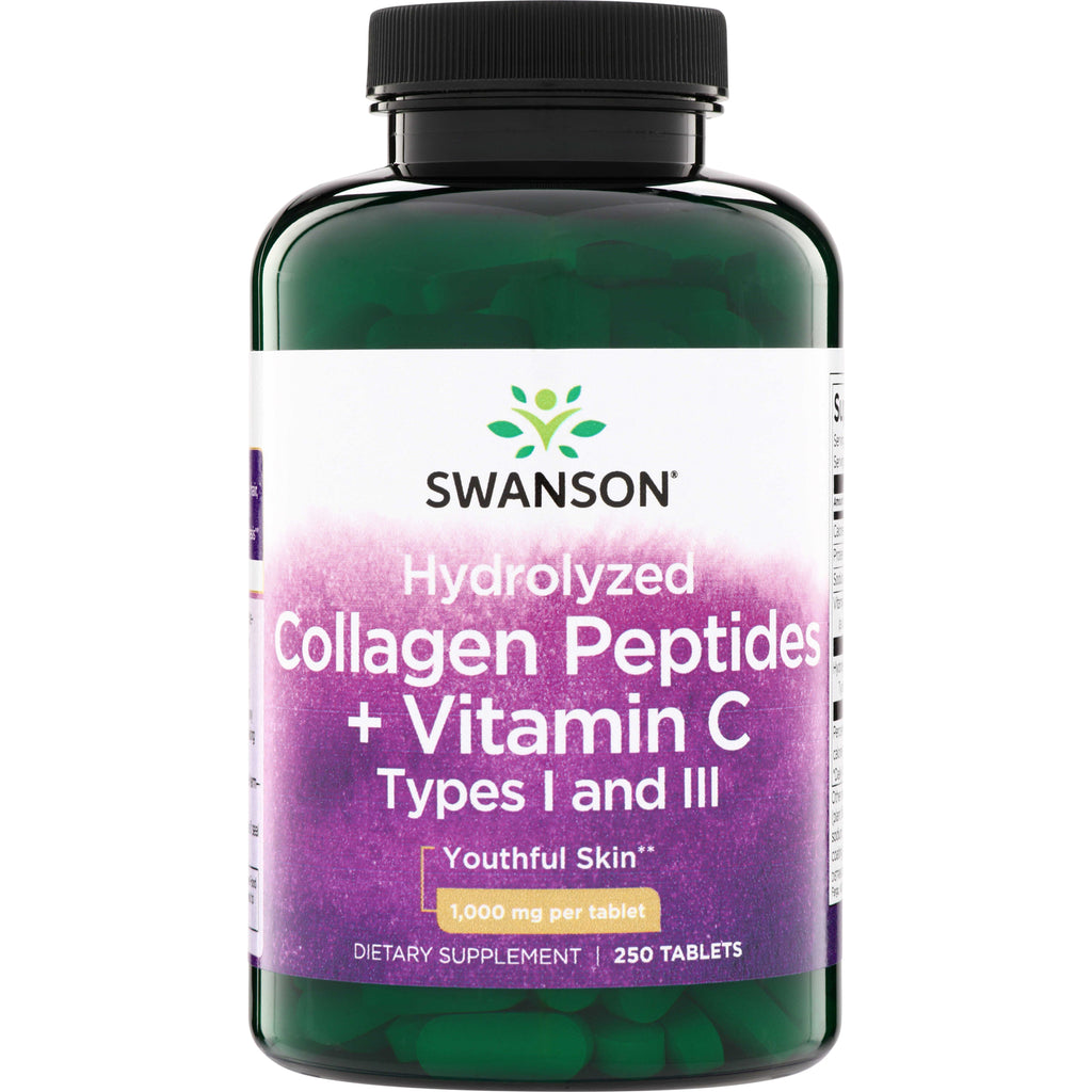 SW1828 | Swanson Hydrolyzed Collagen Peptides + Vitamin C, Types I and III, Youthful Skin, 1,000 mg per tablet, 250 tablets - Thumbnail