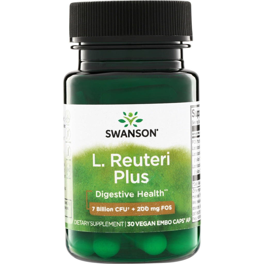 SWA025 | Swanson L. Reuteri Plus probiotic, Digestive Health, 7 Billion CFU + 200 mg FOS, 30 vegan capsules bottle front - Thumbnail