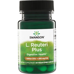 SWA025 | Swanson L. Reuteri Plus probiotic, Digestive Health, 7 Billion CFU + 200 mg FOS, 30 vegan capsules bottle front