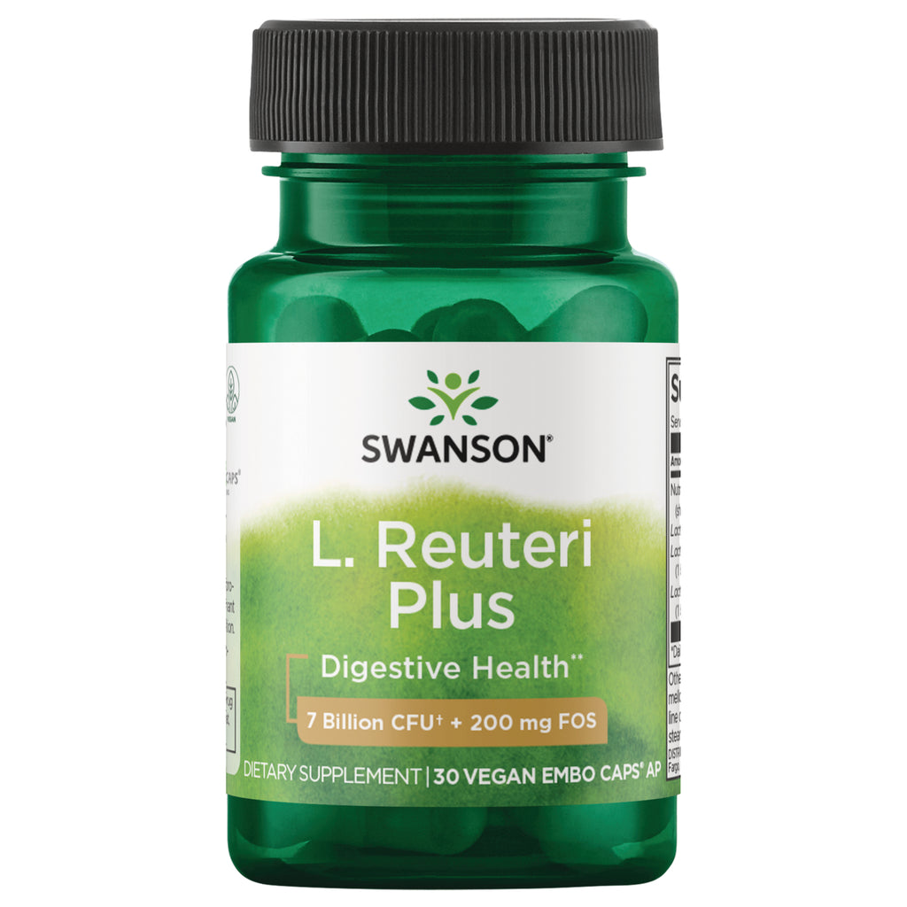 SWA025 | Swanson L. Reuteri Plus probiotic, Digestive Health, 7 Billion CFU + 200 mg FOS, 30 vegan capsules bottle front - Thumbnail