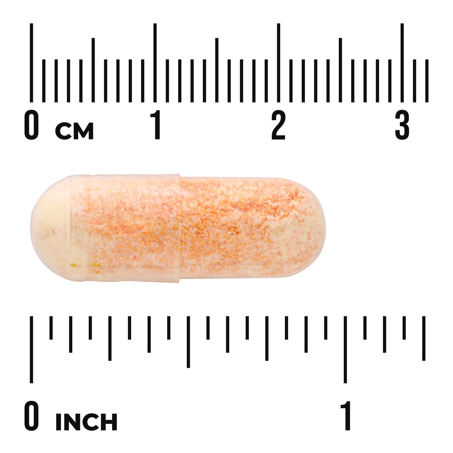 SWU034 | Orange-white capsule with size scale in centimeters and inches