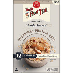 BOB488 | Bob's Red Mill Vanilla Almond Overnight Protein Oats box with bowl of oats topped with almonds, 10 g protein, 4 packets