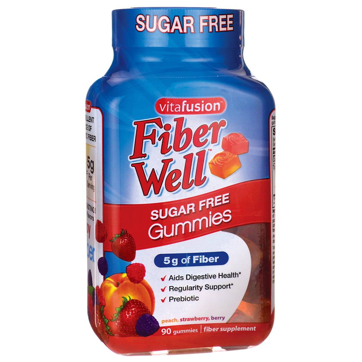 VFS001 | vitafusion Fiber Well Sugar Free Gummies bottle, 5 g of fiber, peach strawberry berry, 90 gummies