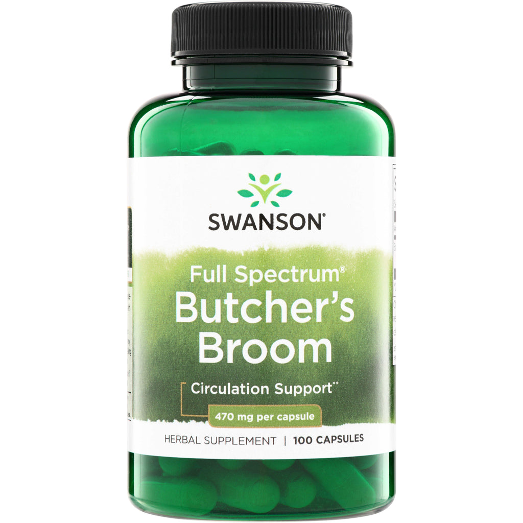 SW415 | Swanson Full Spectrum Butcher's Broom supplement bottle, 470 mg per capsule, 100 capsules, front label - Thumbnail