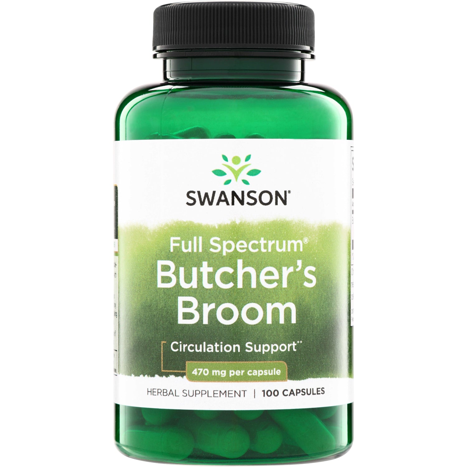 SW415 | Swanson Full Spectrum Butcher's Broom supplement bottle, 470 mg per capsule, 100 capsules, front label