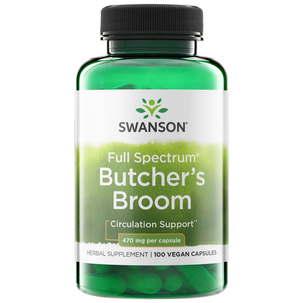 SW415 | Swanson Full Spectrum Butcher's Broom supplement bottle, 470 mg per capsule, 100 capsules, front label - Thumbnail