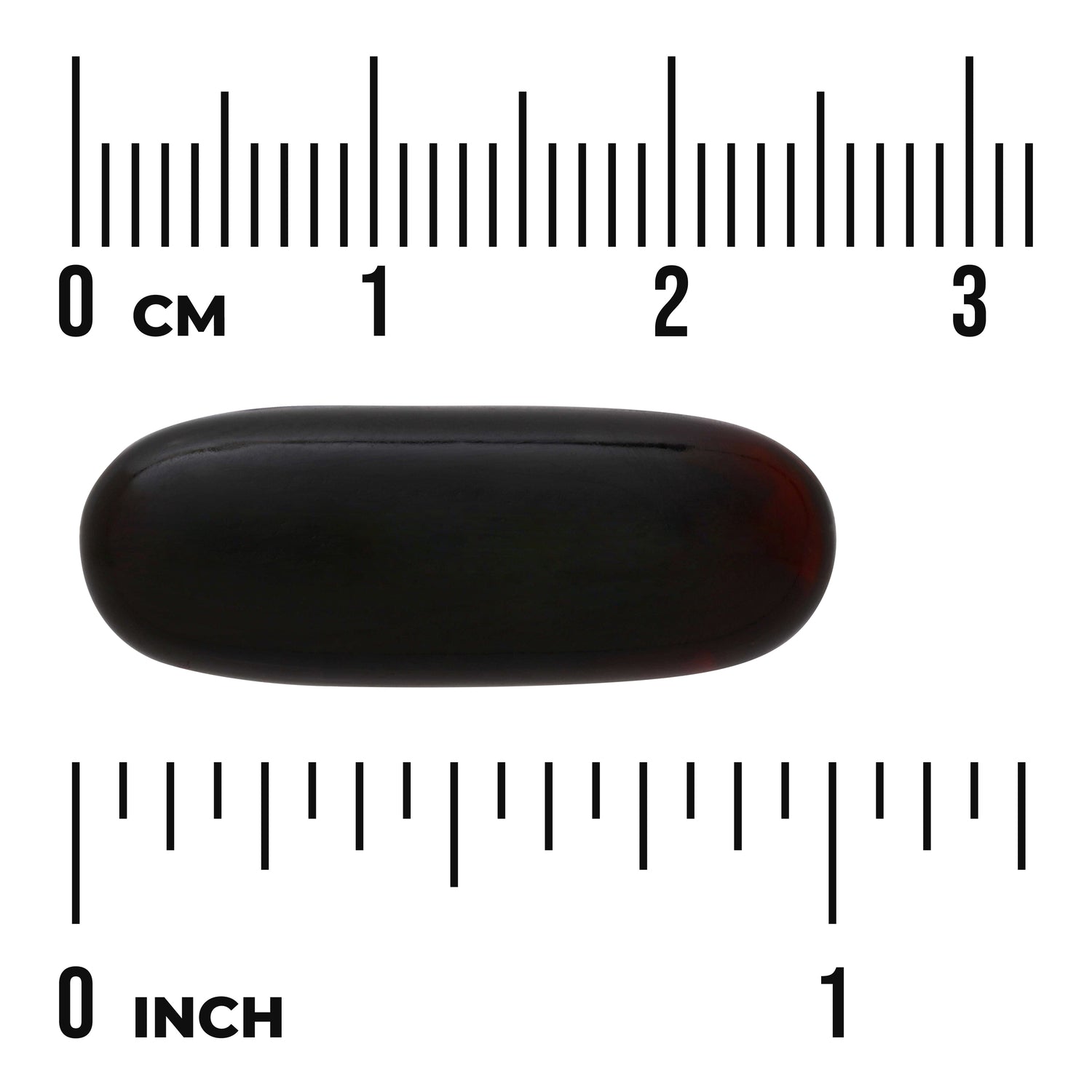 SWE082 | Dark softgel capsule shown with size scale in cm and inches