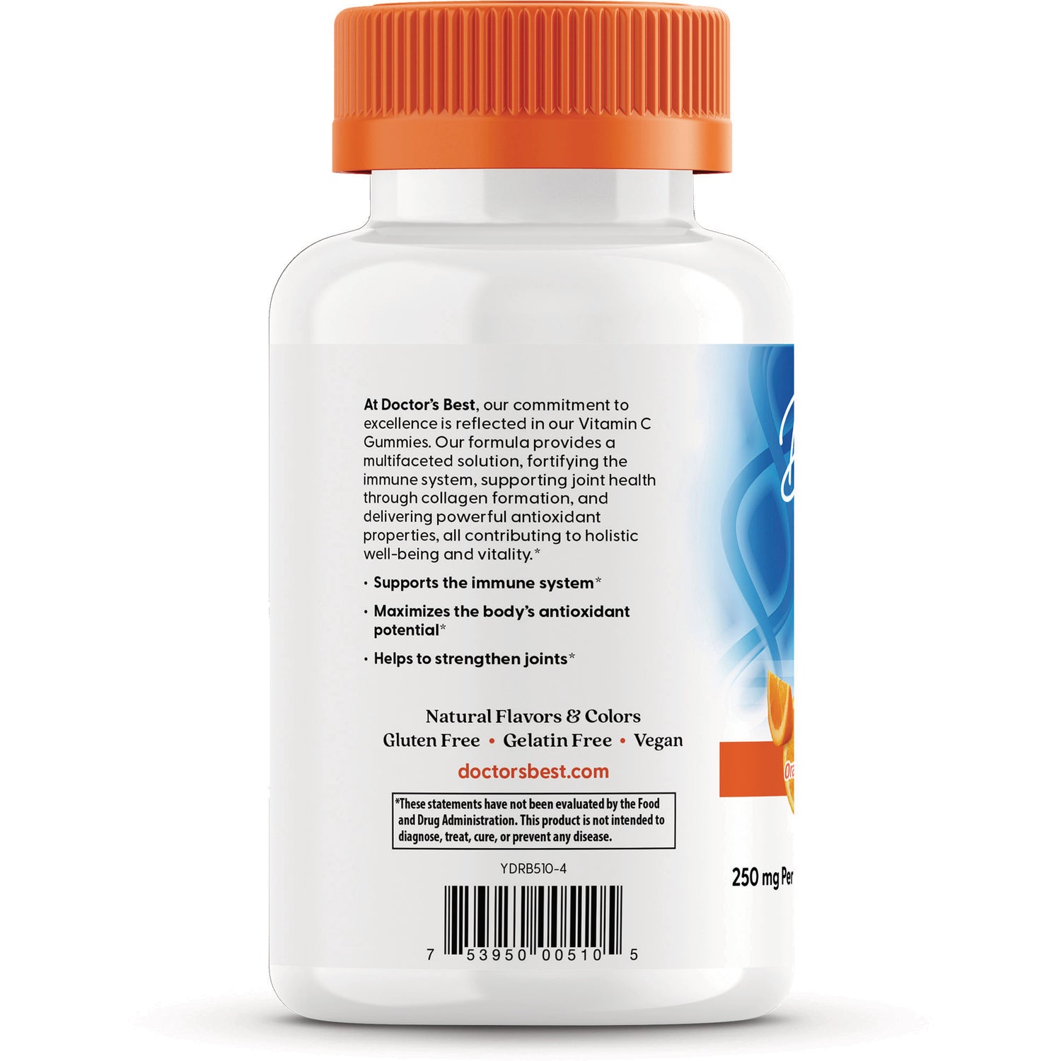 DB261 | Back of white supplement bottle showing support claims, FDA disclaimer, barcode, and orange slice graphic