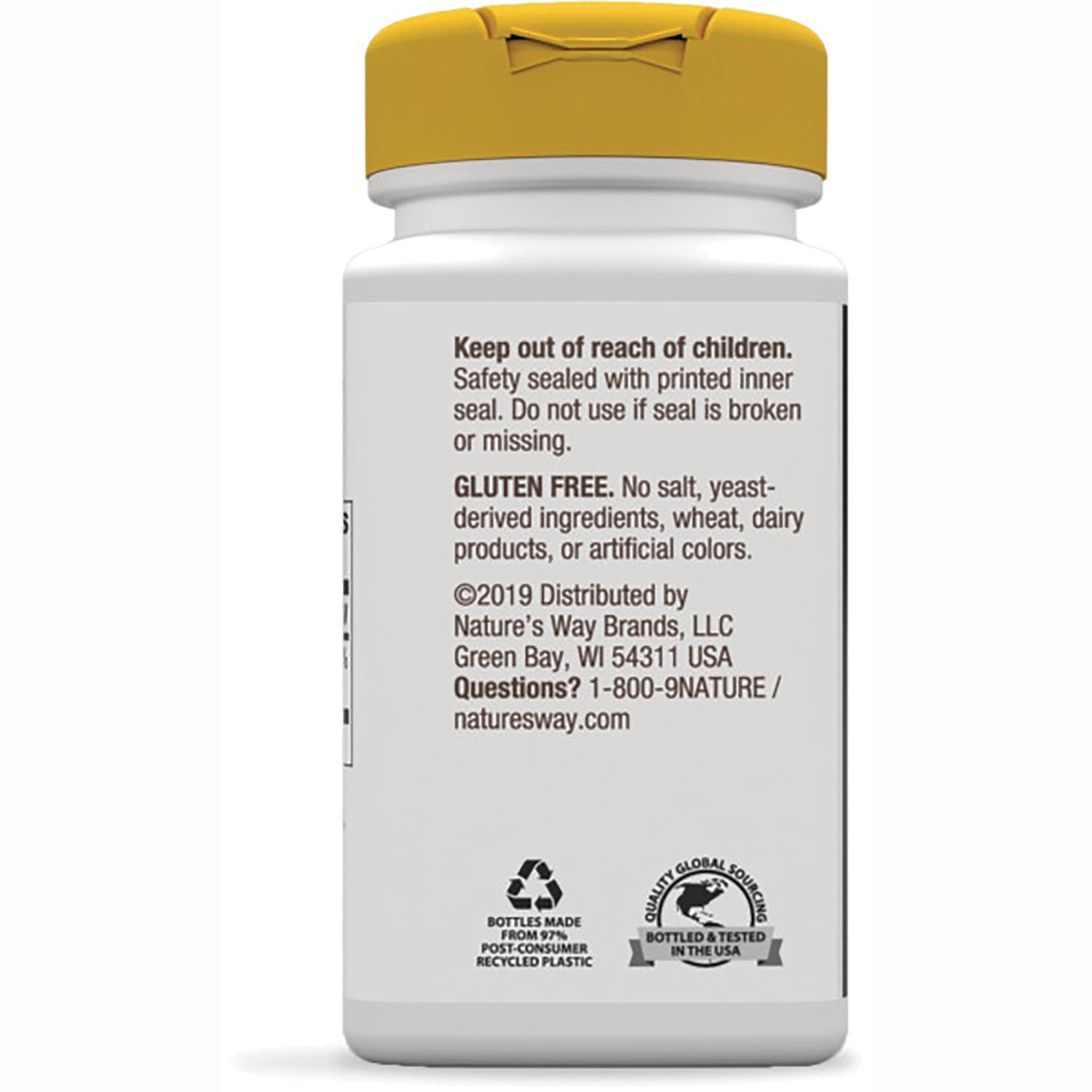 NW350 | Back label of white supplement bottle showing safety warning, GLUTEN FREE statement, recycling and bottled in USA logos