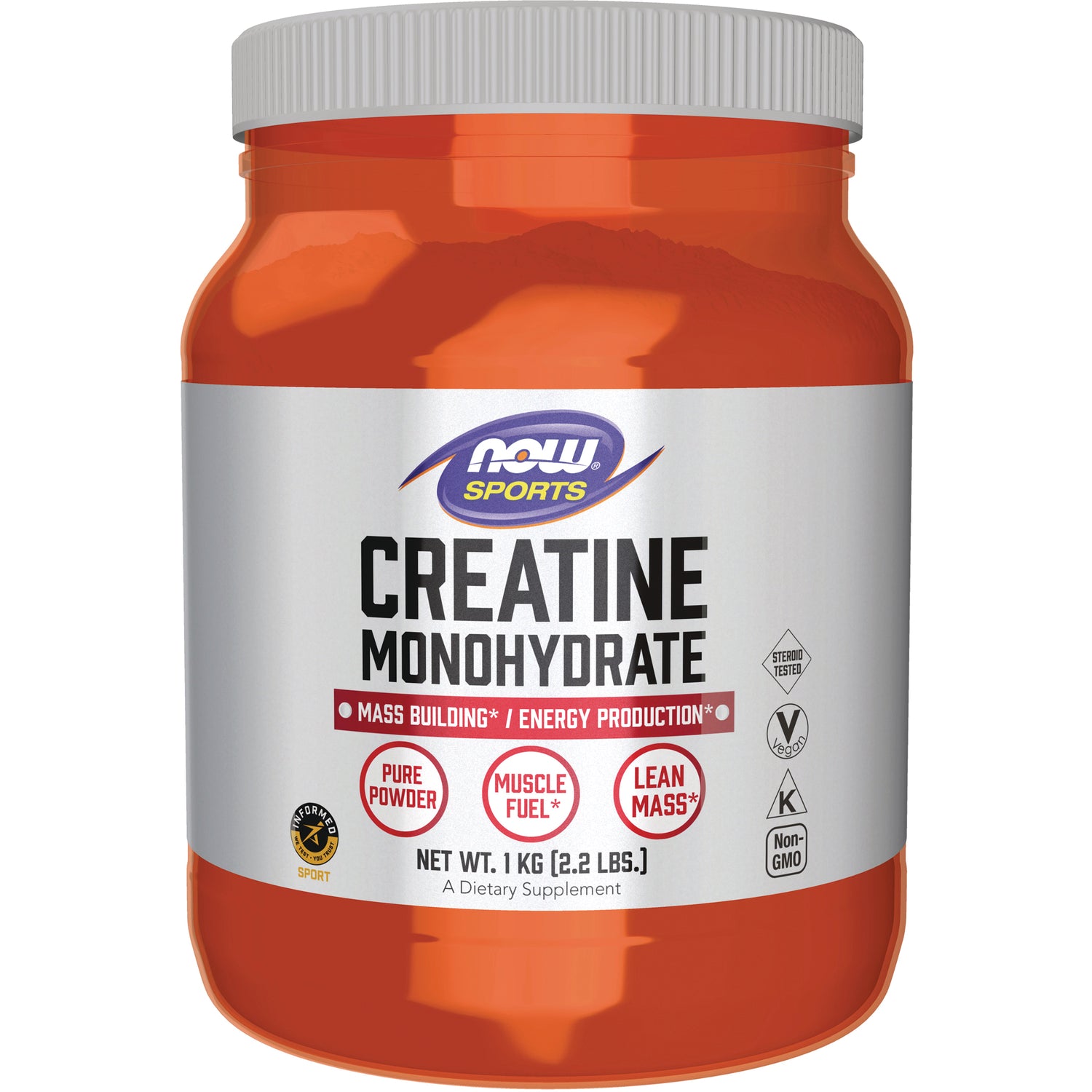 NWF876 | NOW Sports Creatine Monohydrate orange powder jar front label NET WT 1 KG