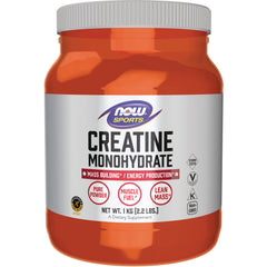 NWF876 | NOW Sports Creatine Monohydrate orange powder jar front label NET WT 1 KG