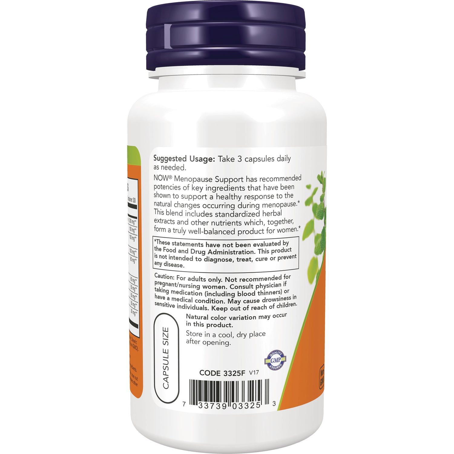 NWF1132 | back label of supplement bottle showing Suggested Usage Take 3 capsules daily, ingredient panel and barcode