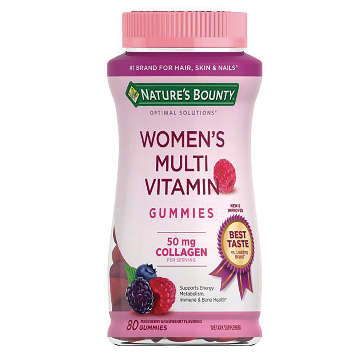 NBY107 | Nature's Bounty Women's Multi Vitamin gummies bottle, mixed berry raspberry, 50 mg collagen, 80 count