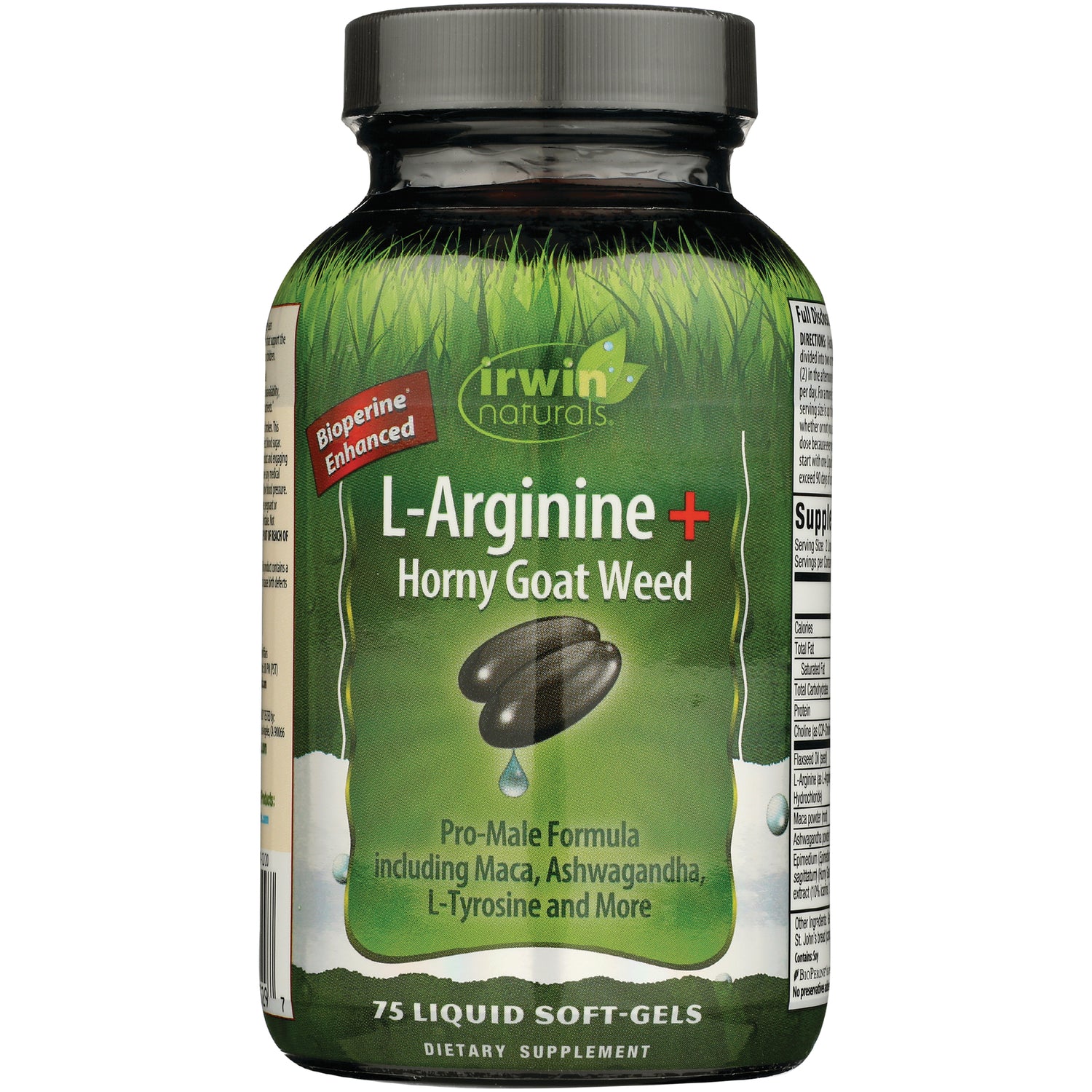 IR222 | Green Irwin Naturals bottle labeled L-Arginine Horny Goat Weed, 75 liquid soft-gels front view