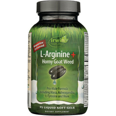 IR222 | Green Irwin Naturals bottle labeled L-Arginine Horny Goat Weed, 75 liquid soft-gels front view