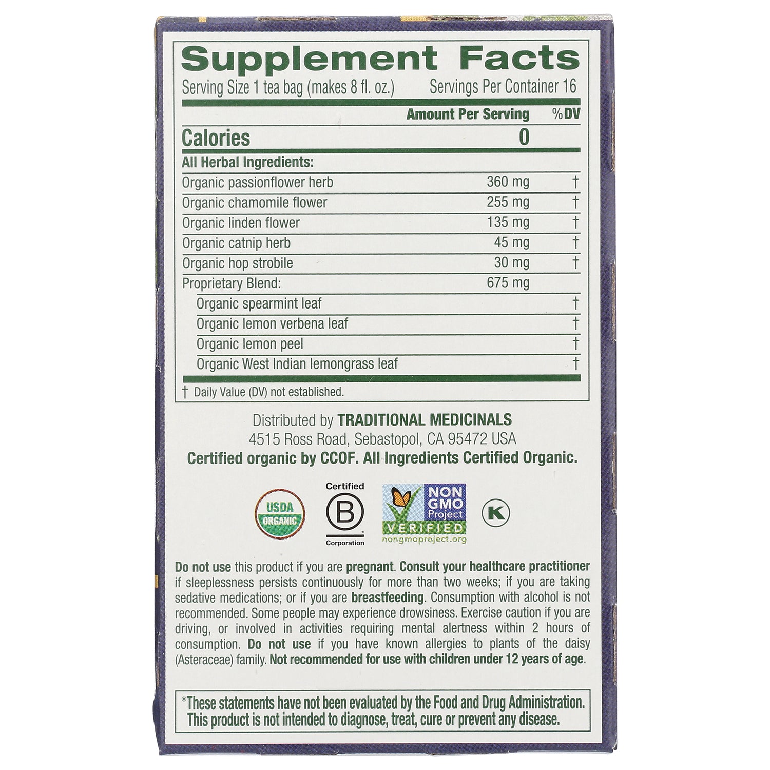 TMD008 | Back panel Supplement Facts with ingredients, certifications, and FDA disclaimer