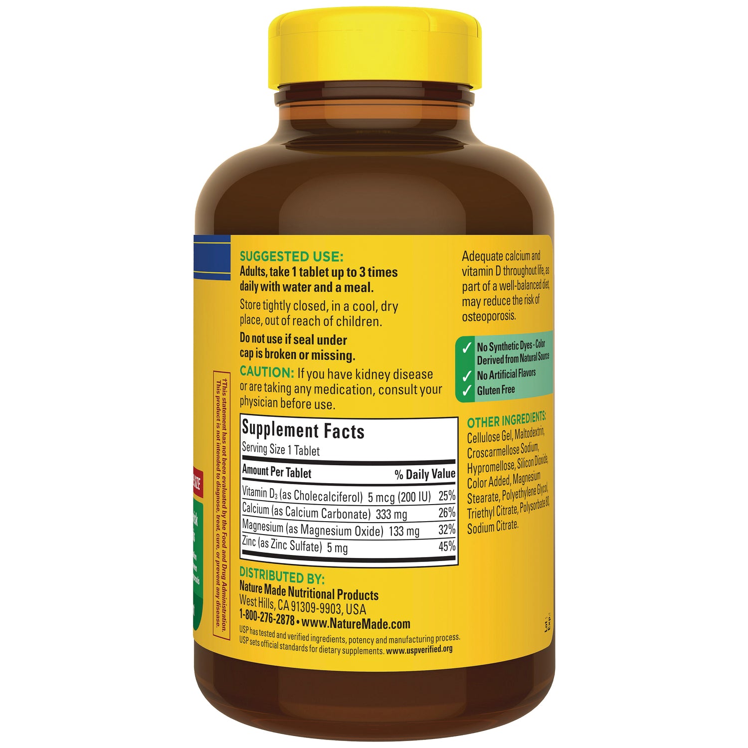 NTM189 | Back of brown supplement bottle showing supplement facts panel, suggested use, and other ingredients on yellow label