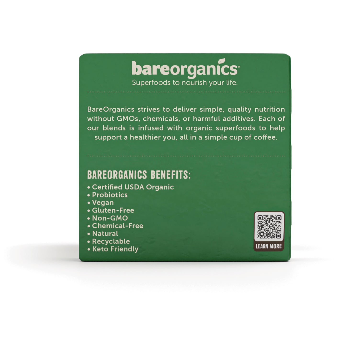 BOR017 | green BareOrganics product infographic panel listing benefits like Certified USDA Organic, probiotic, vegan, gluten-free, and a QR code