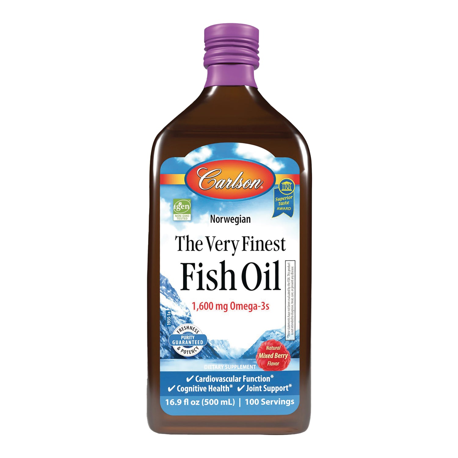 CSN328 | Carlson The Very Finest Fish Oil liquid bottle, mixed berry flavor, 16.9 fl oz (500 mL)