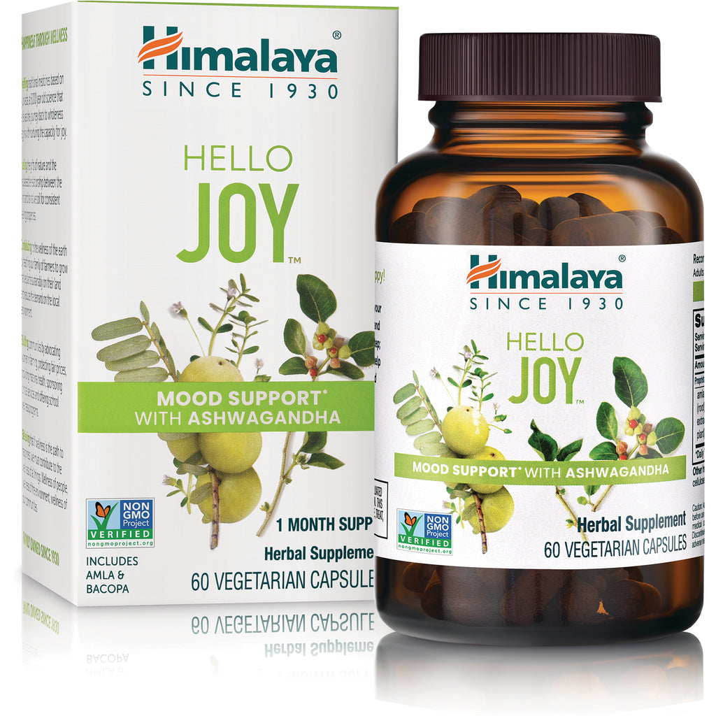 HHH061 | Himalaya Hello Joy mood support herbal supplement bottle and box with ashwagandha label, 60 vegetarian capsules - Thumbnail