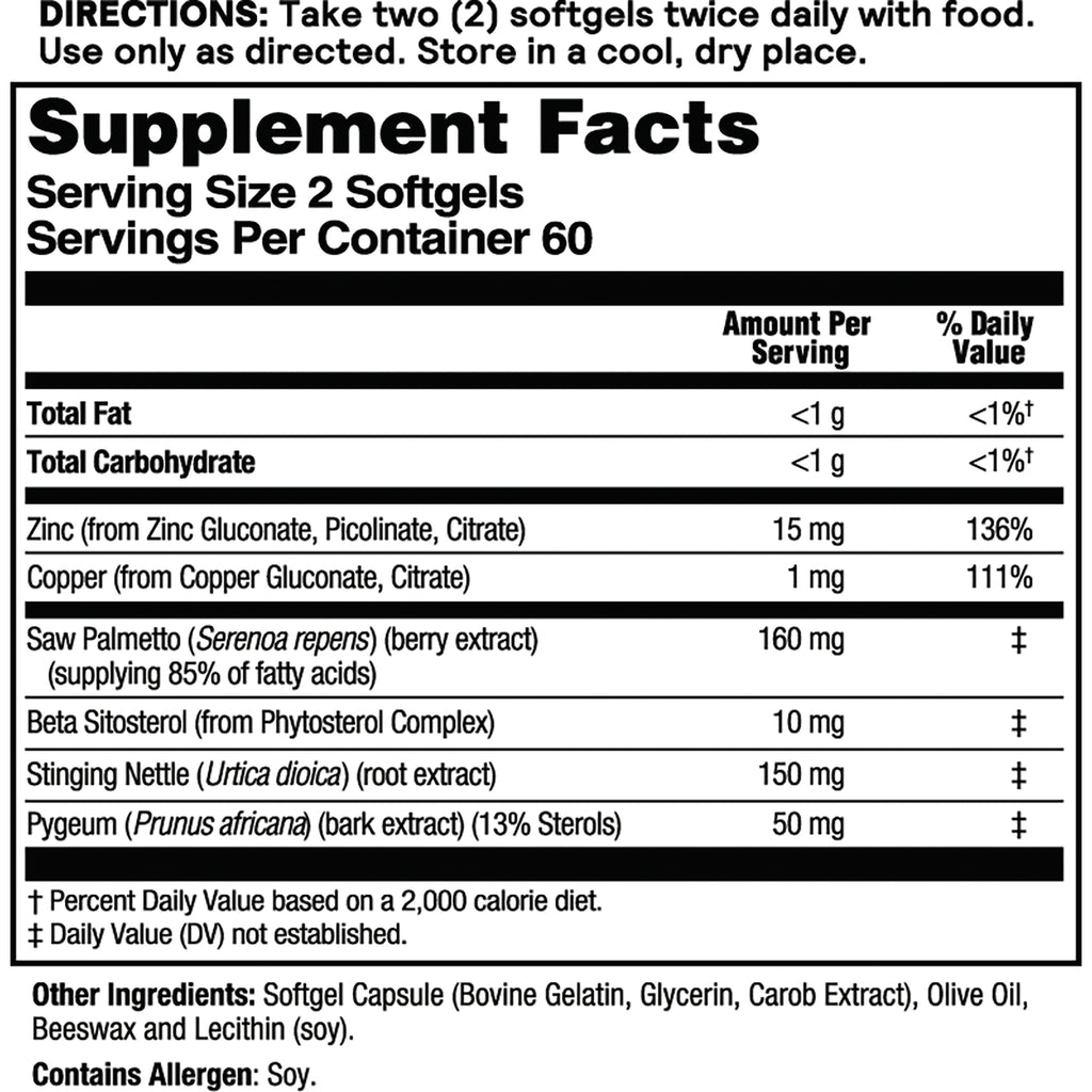 NSL073 | Supplement Facts label showing serving size 2 softgels, zinc 15 mg, saw palmetto 160 mg, other ingredients, contains soy - Thumbnail