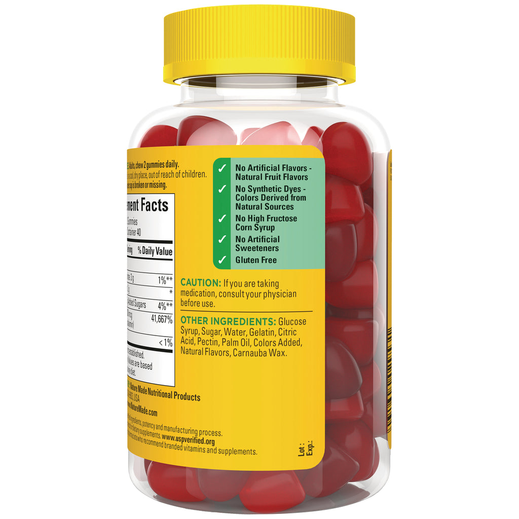 NTM102 | back label of clear bottle with yellow panel showing supplement facts and other ingredients, red gummy vitamins visible - Thumbnail