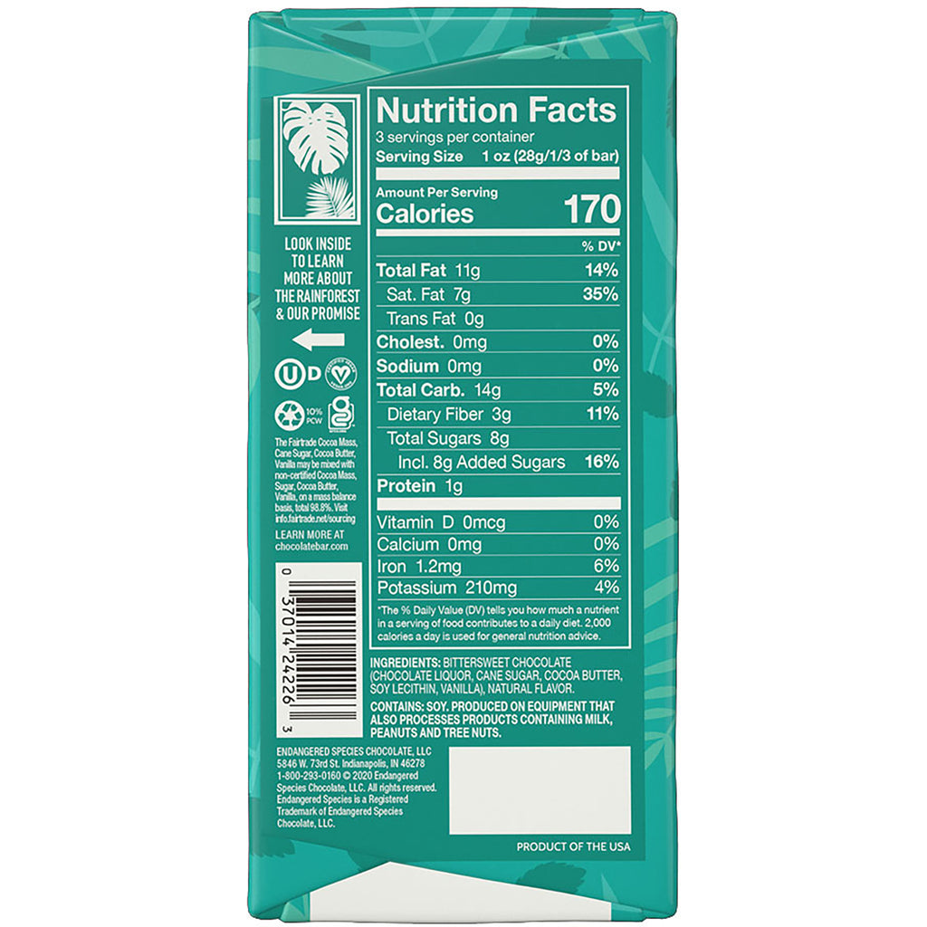 EES003 | back of teal chocolate bar package showing Nutrition Facts panel with 170 calories and ingredients list - Thumbnail