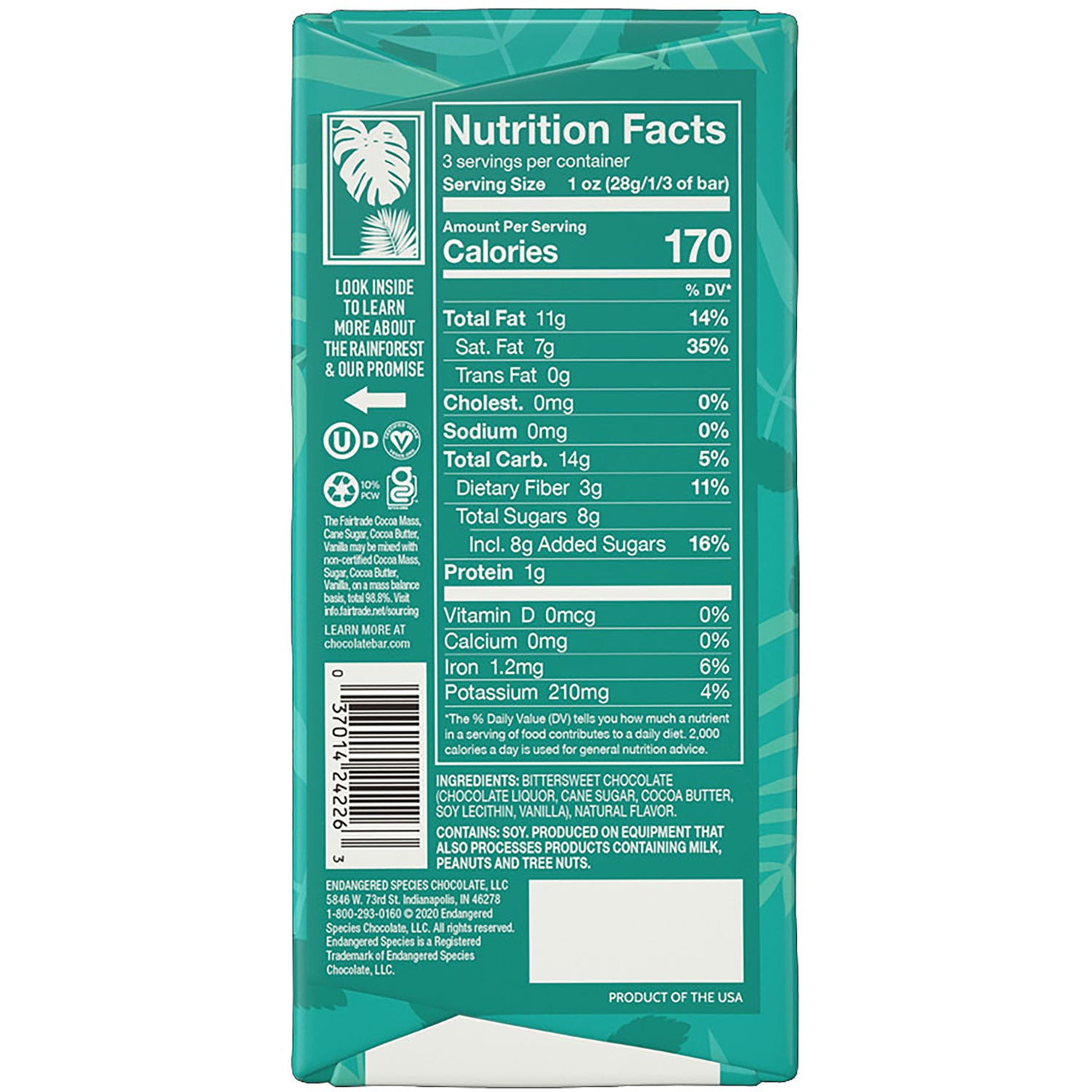EES003 | back of teal chocolate bar package showing Nutrition Facts panel with 170 calories and ingredients list