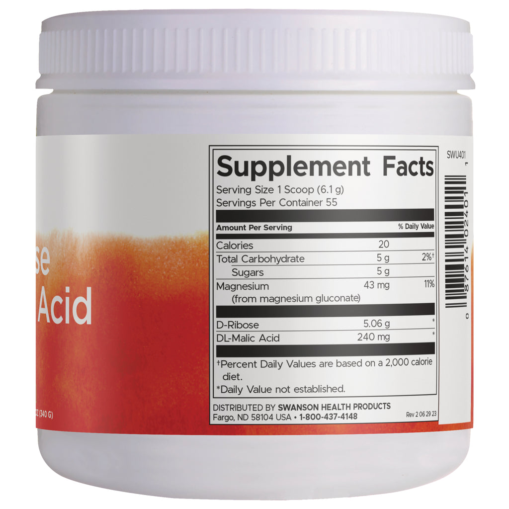 SWU401 | Back label Supplement Facts panel with serving size 1 scoop (6.1 g), D-Ribose and DL-Malic Acid - Thumbnail