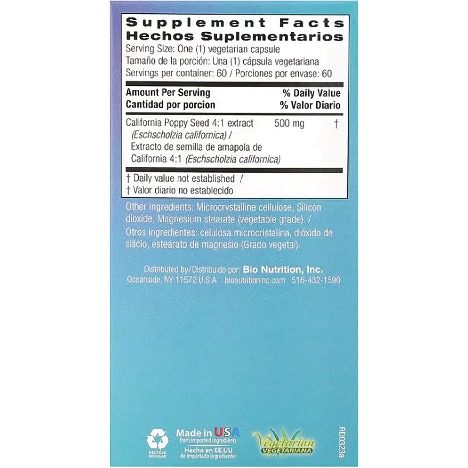 BNN024 | back label showing Supplement Facts and ingredients listing California poppy seed extract 500 mg